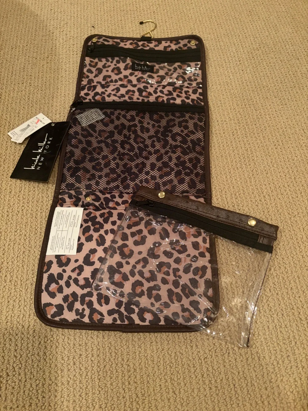 Nicole Miller Ostrich textured Brown Travel Hanging Toiletry Bag NWT